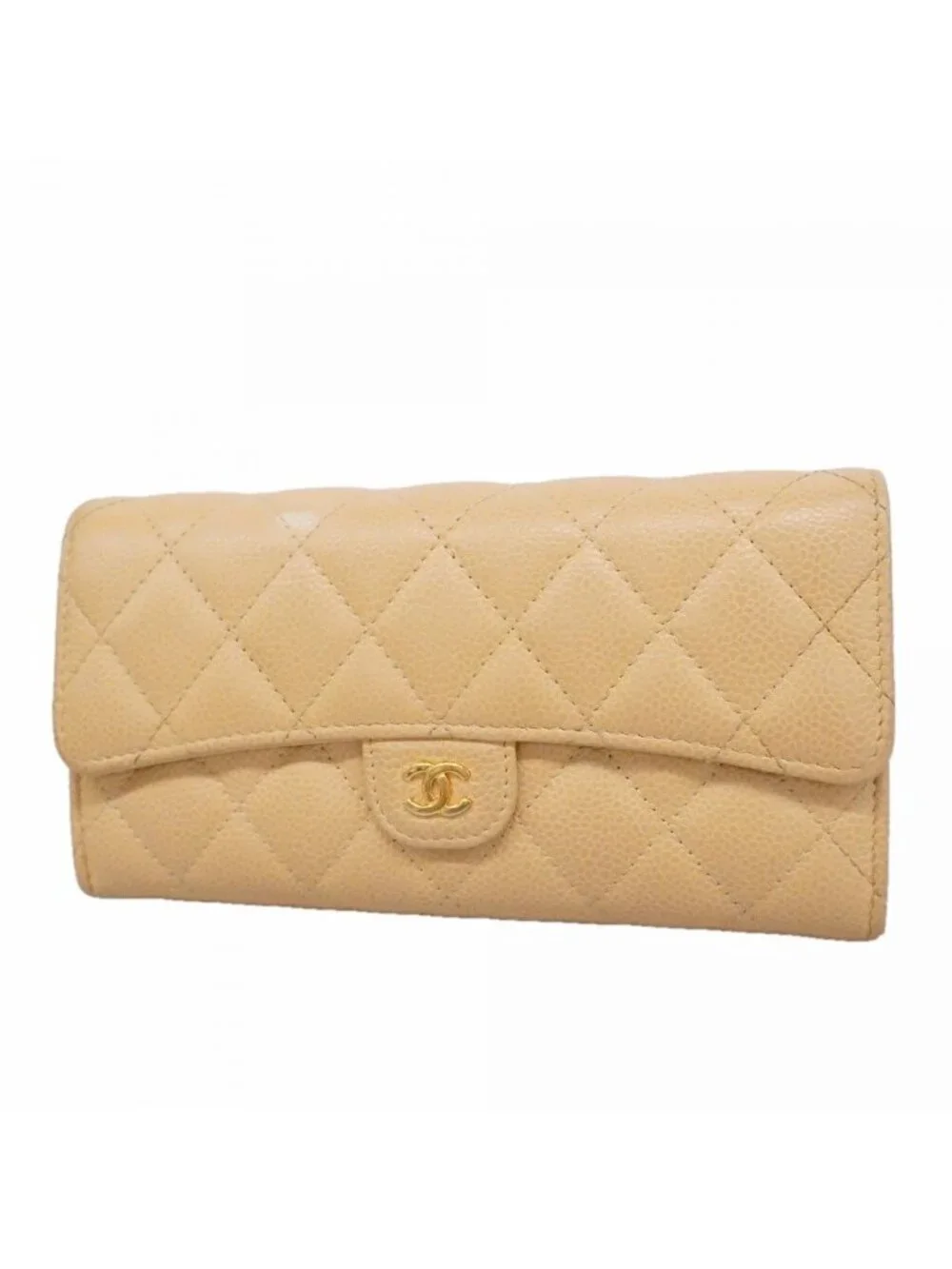 Chanel Wallet Quilted Caviar Leather Beige Gold